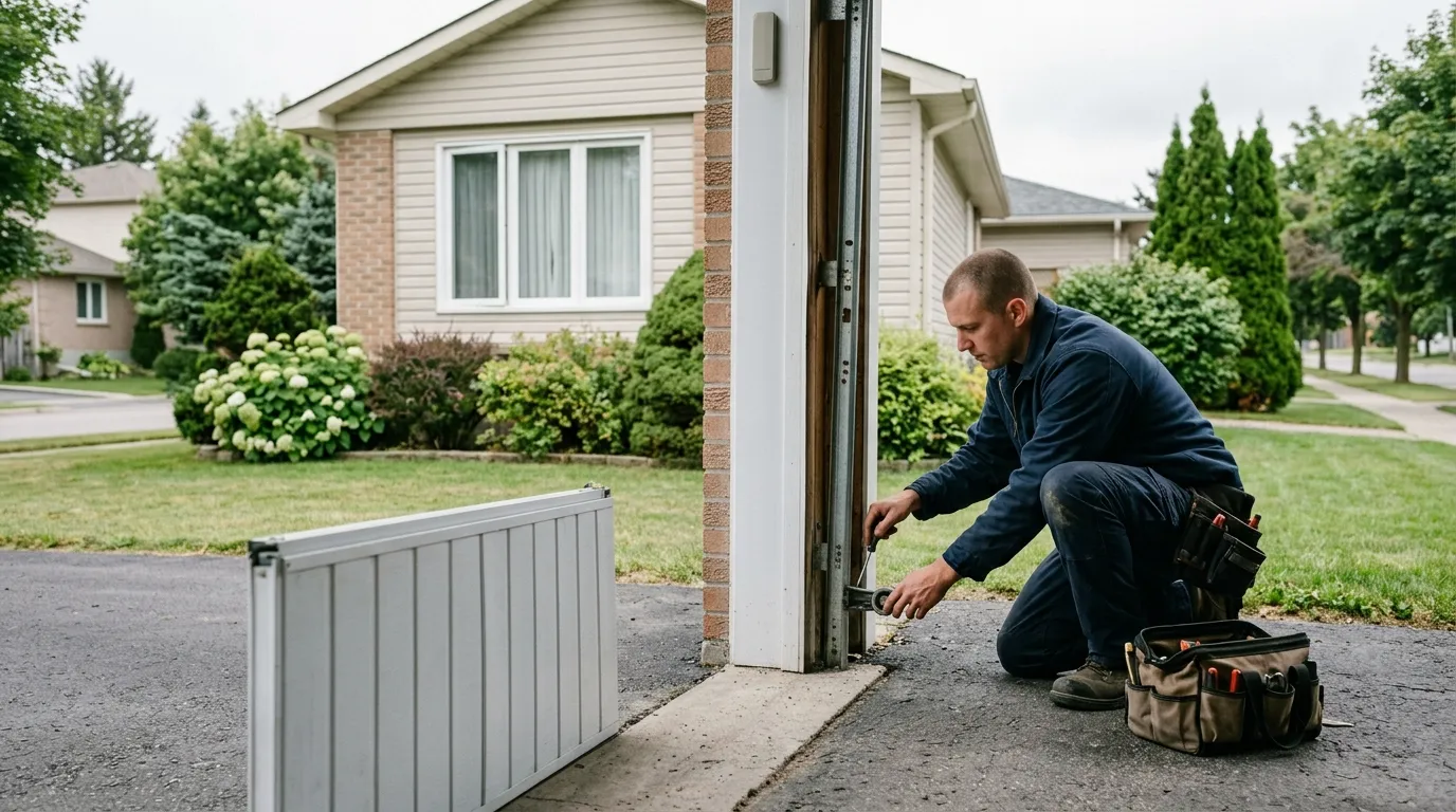 Garage door technician repairing a residential garage door in Ashburn Virginia