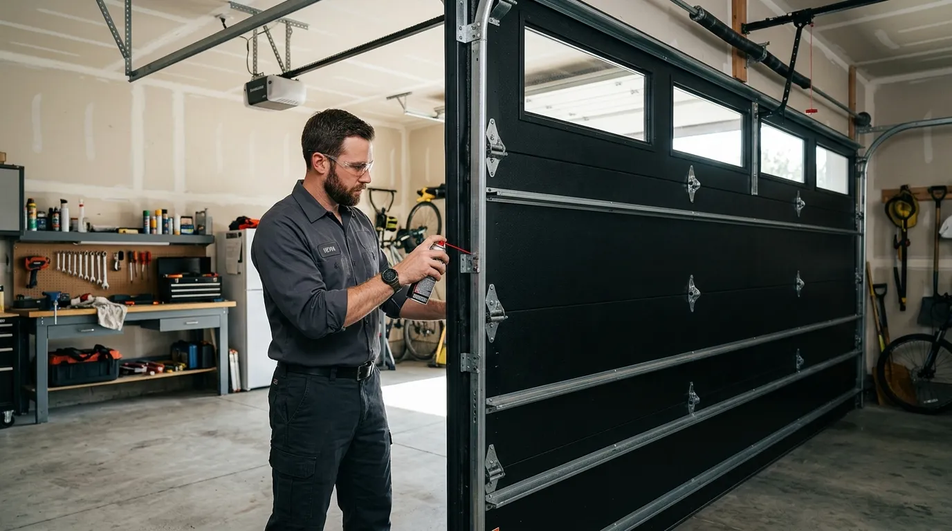 Garage door technician inspecting springs rollers tracks and opener in Ashburn Virginia
